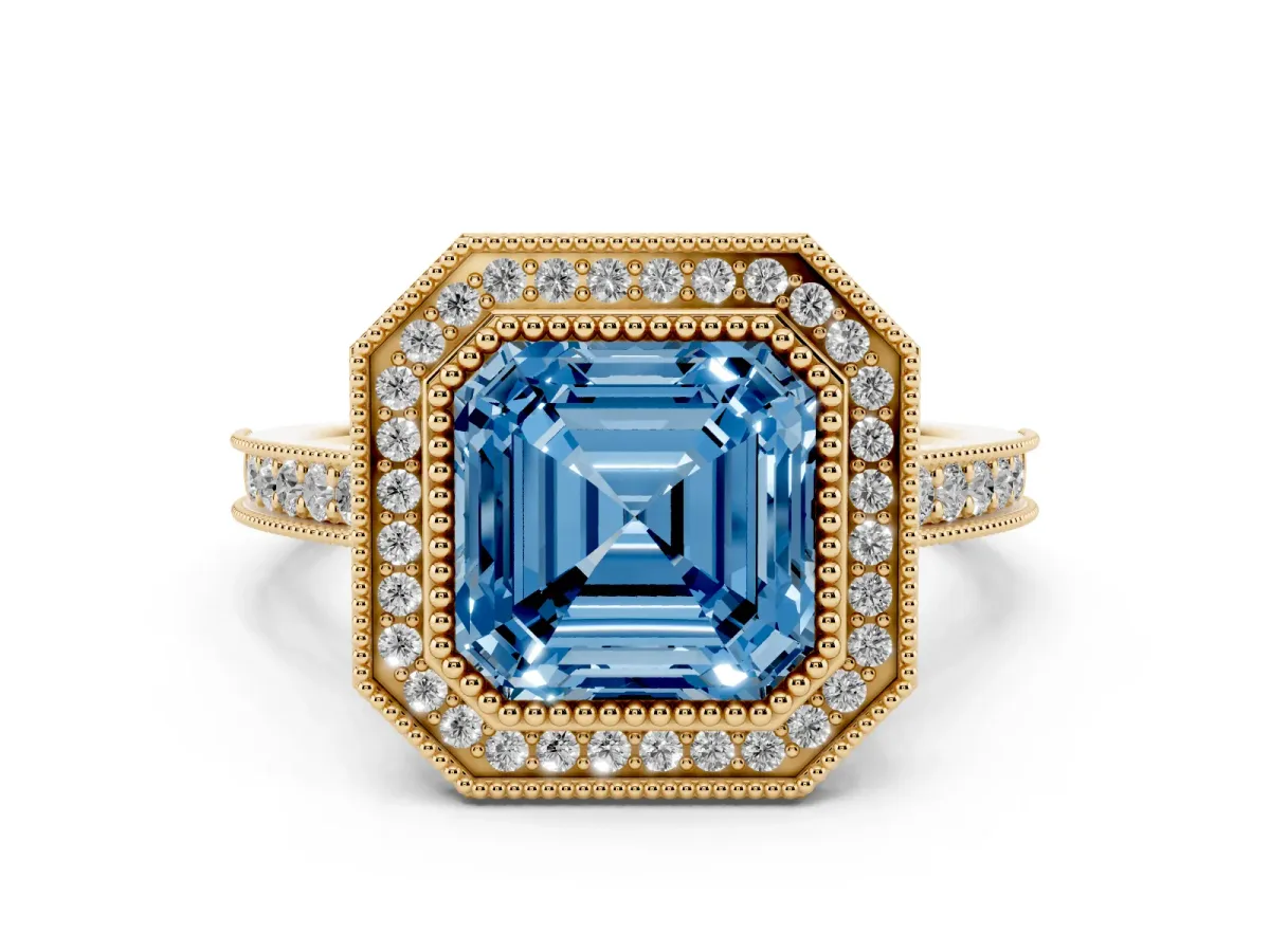 Fancy Blue Asscher Cut Diamond Halo Milgrain Pavé Band Ring Set in Yellow gold with Prong Setting