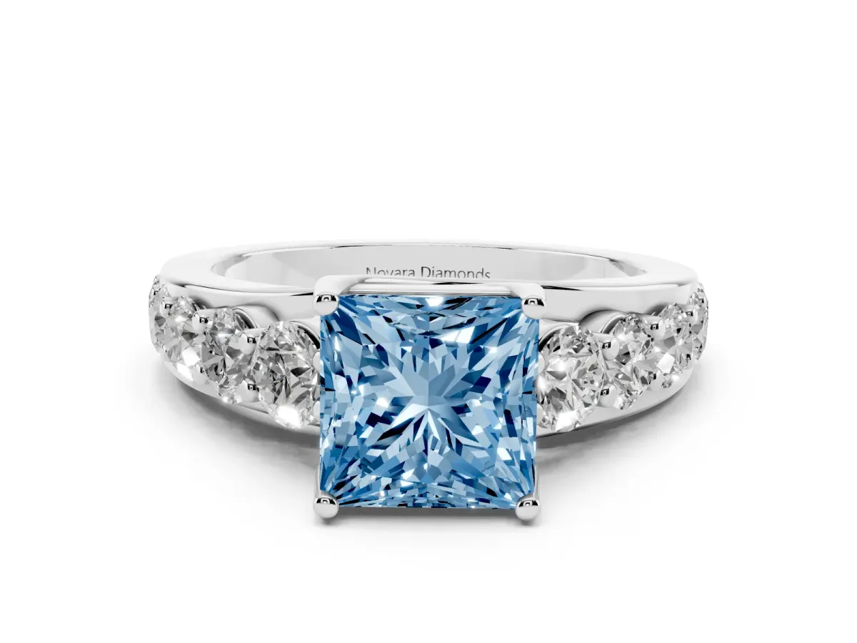 Fancy Blue Princess Cut Diamond Pavé Engagement Ring Set in White gold with Prong Setting