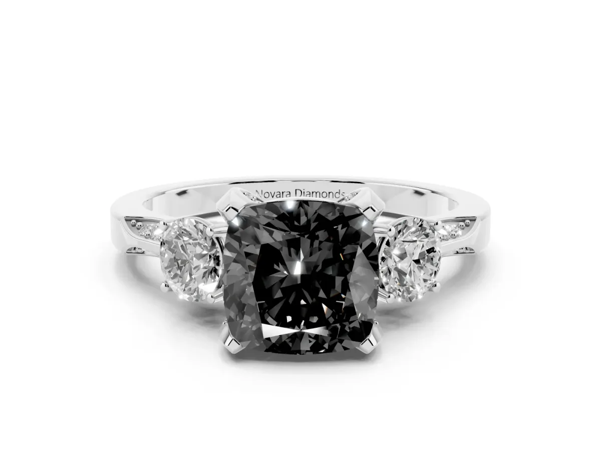 Fancy Black Cushion Cut Diamond Three-Stone Ring Set in Silver with Pavé Band and Smaller Side Stones