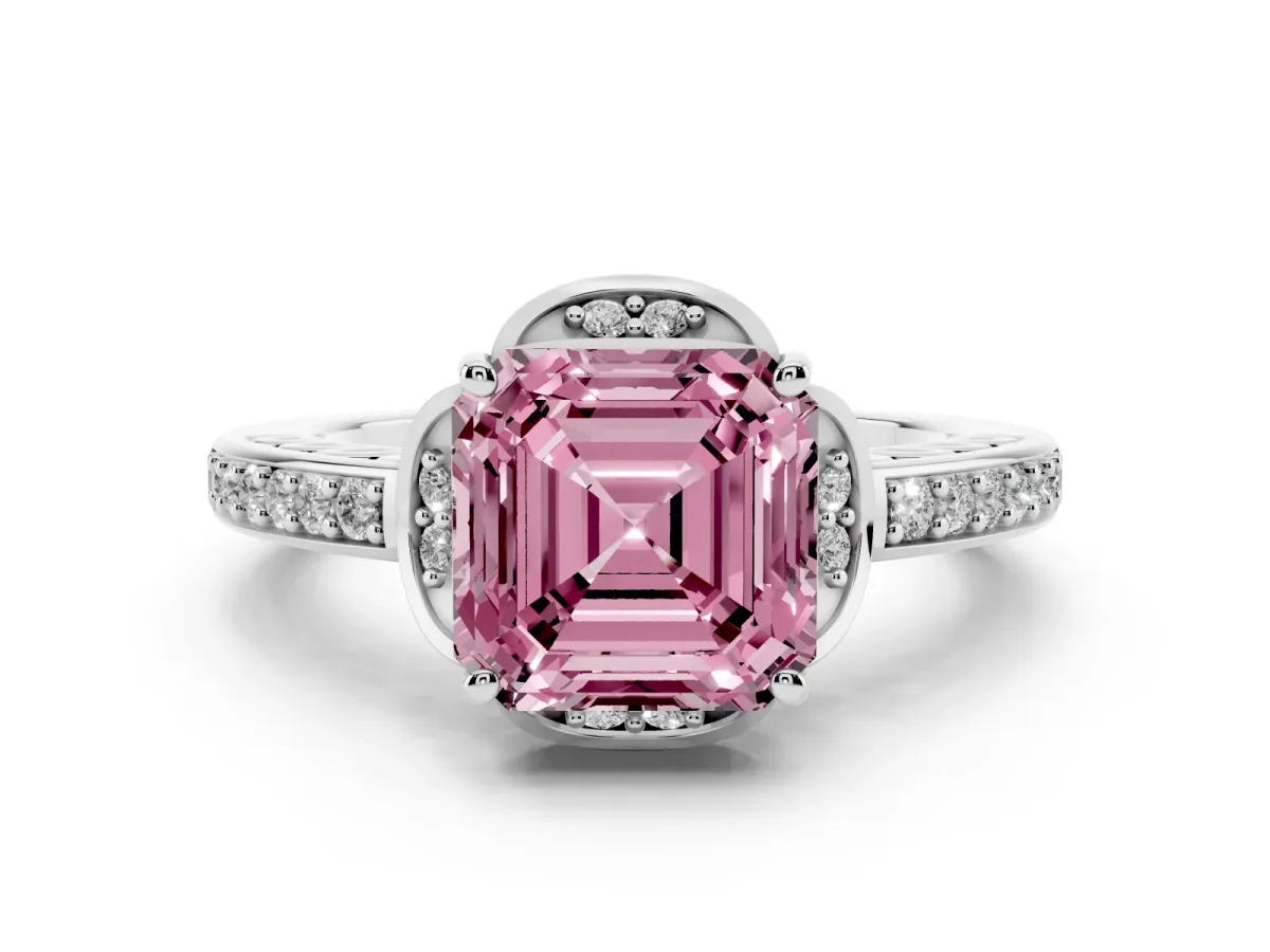Fancy Pink Asscher Cut Diamond Halo Ring Set in Silver with Channel Set Band and Prong Setting