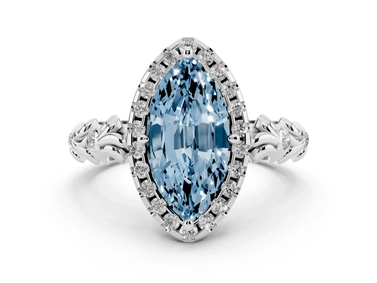 Fancy Blue Marquise Cut Diamond Halo Ring Set in Silver with Filigree Leaf Band and Prong Setting