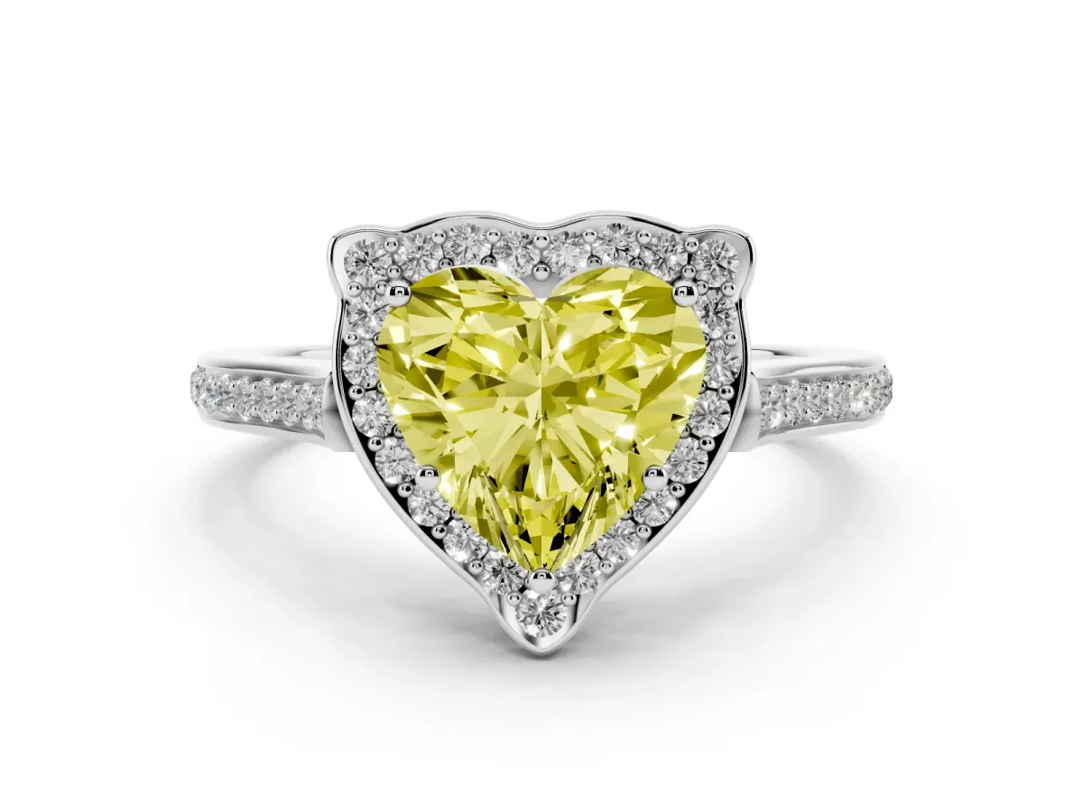 Fancy Yellow Heart Cut Diamond Halo Ring Set in Platinum with Pavé-Lined Shoulders and Prong Setting