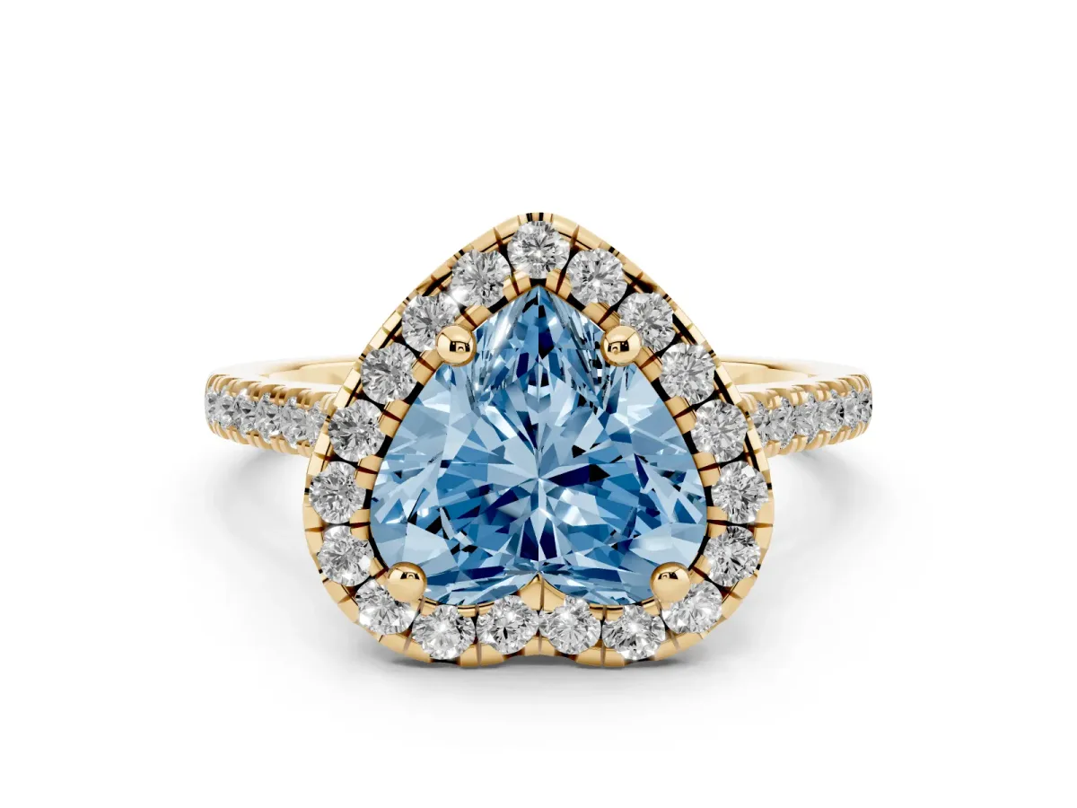 Fancy Blue Heart Cut Diamond Cushion Halo Ring Set in Yellow gold with Pavé Band