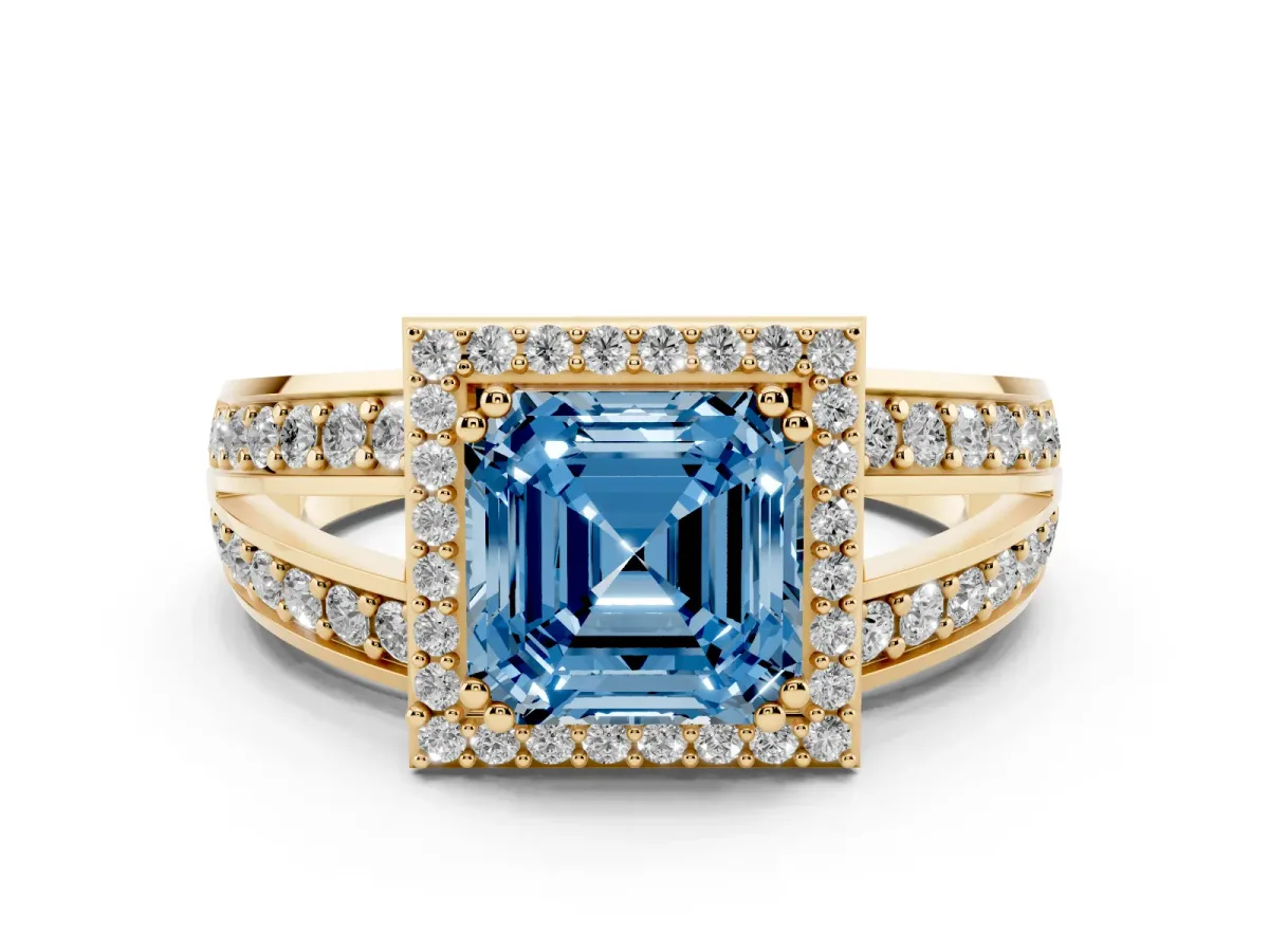 Fancy Blue Asscher Cut Diamond Halo Ring Set in Yellow gold with Double Pavé Split Shank