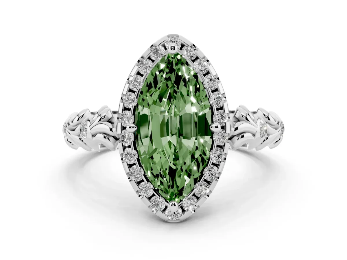 Fancy Green Marquise Cut Diamond Halo Ring Set in Platinum with Filigree Leaf Band and Prong Setting