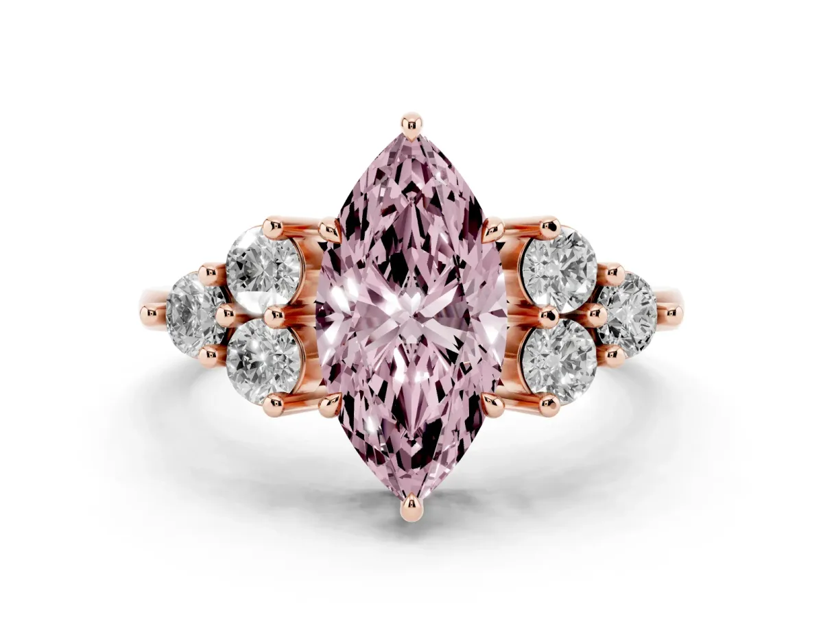 Fancy Pink Marquise Cut Diamond Solitaire Ring Set in Rose gold with Cluster Accents on Each Side