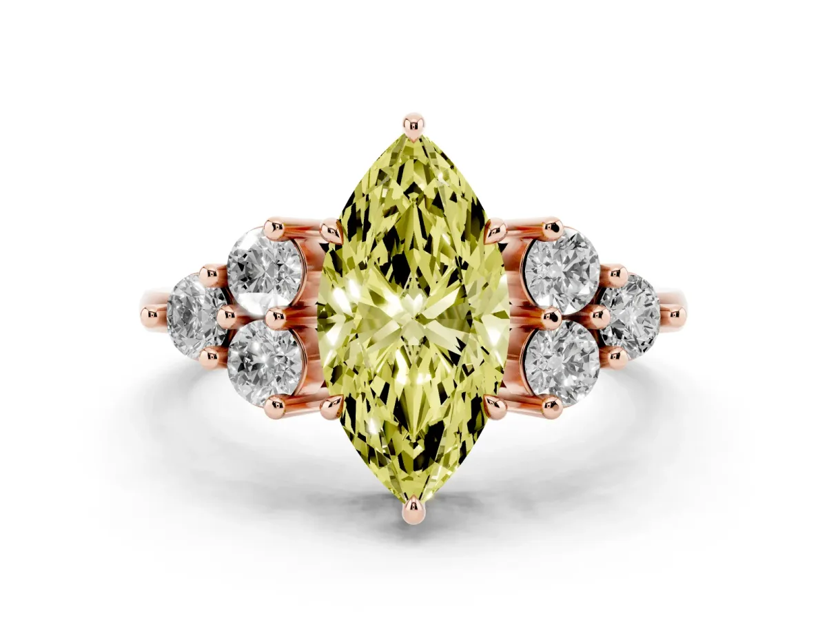 Fancy Yellow Marquise Cut Diamond Solitaire Ring Set in Rose gold with Cluster Accents on Each Side