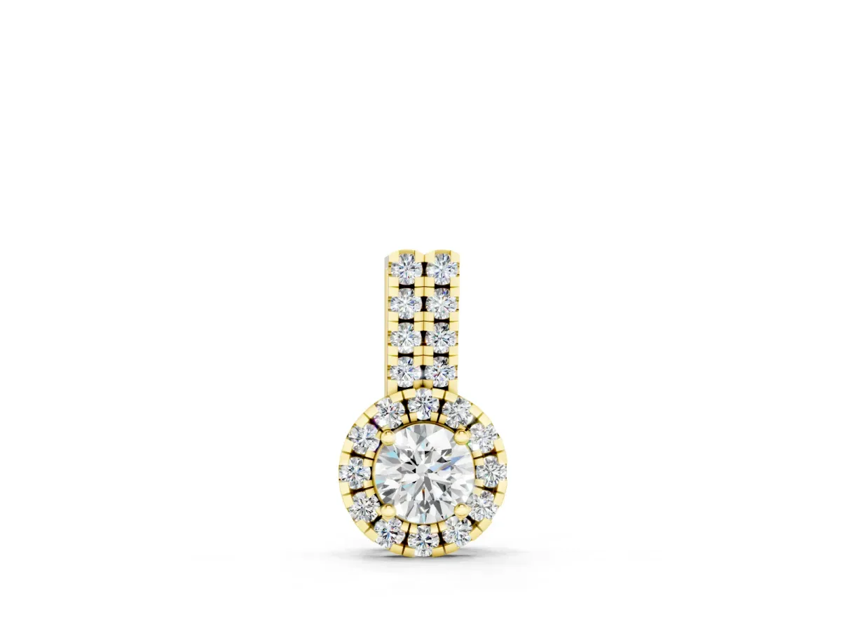 Round Halo Diamond Pendant Set in Yellow gold with Double Prong Center