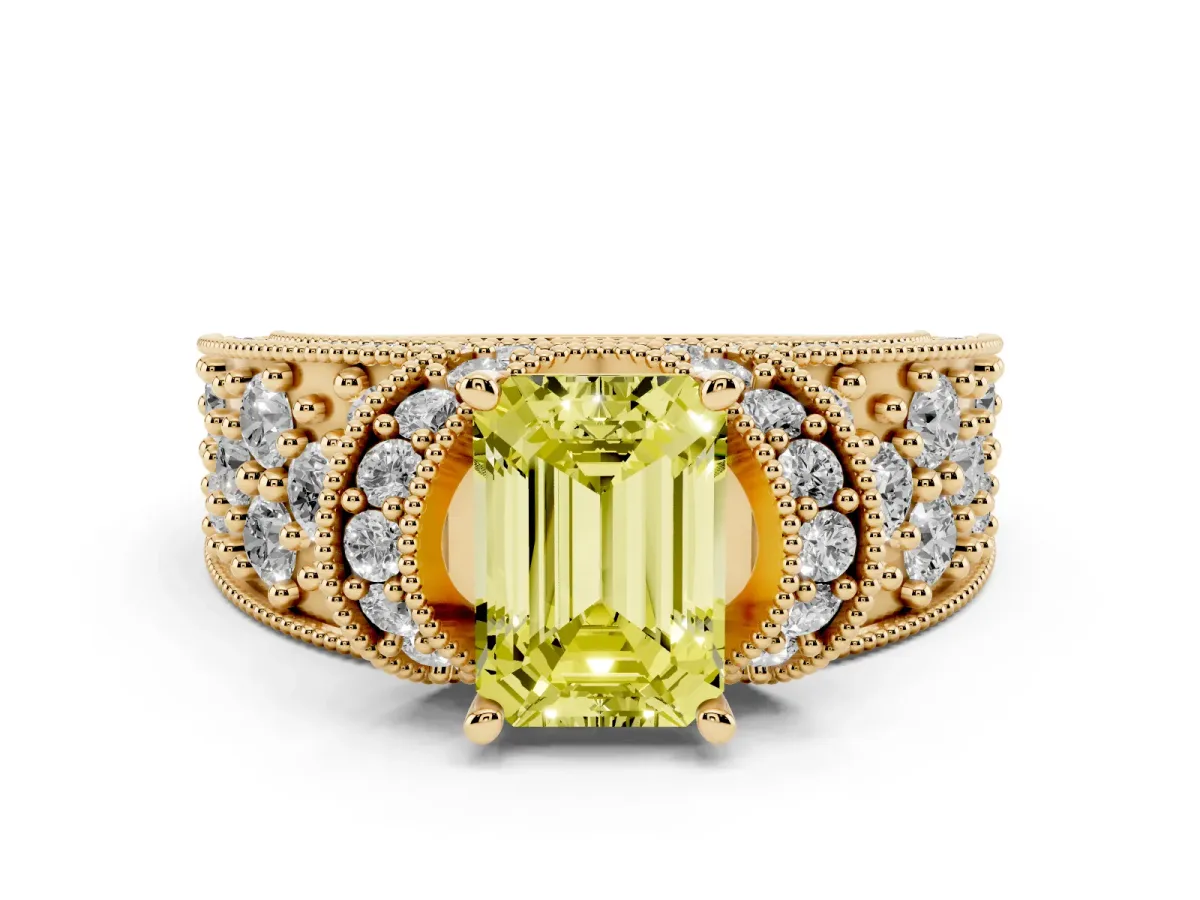 Fancy Yellow Emerald Cut Diamond Milgrain Halo Pavé Engagement Ring Set in Yellow gold with Prong Setting
