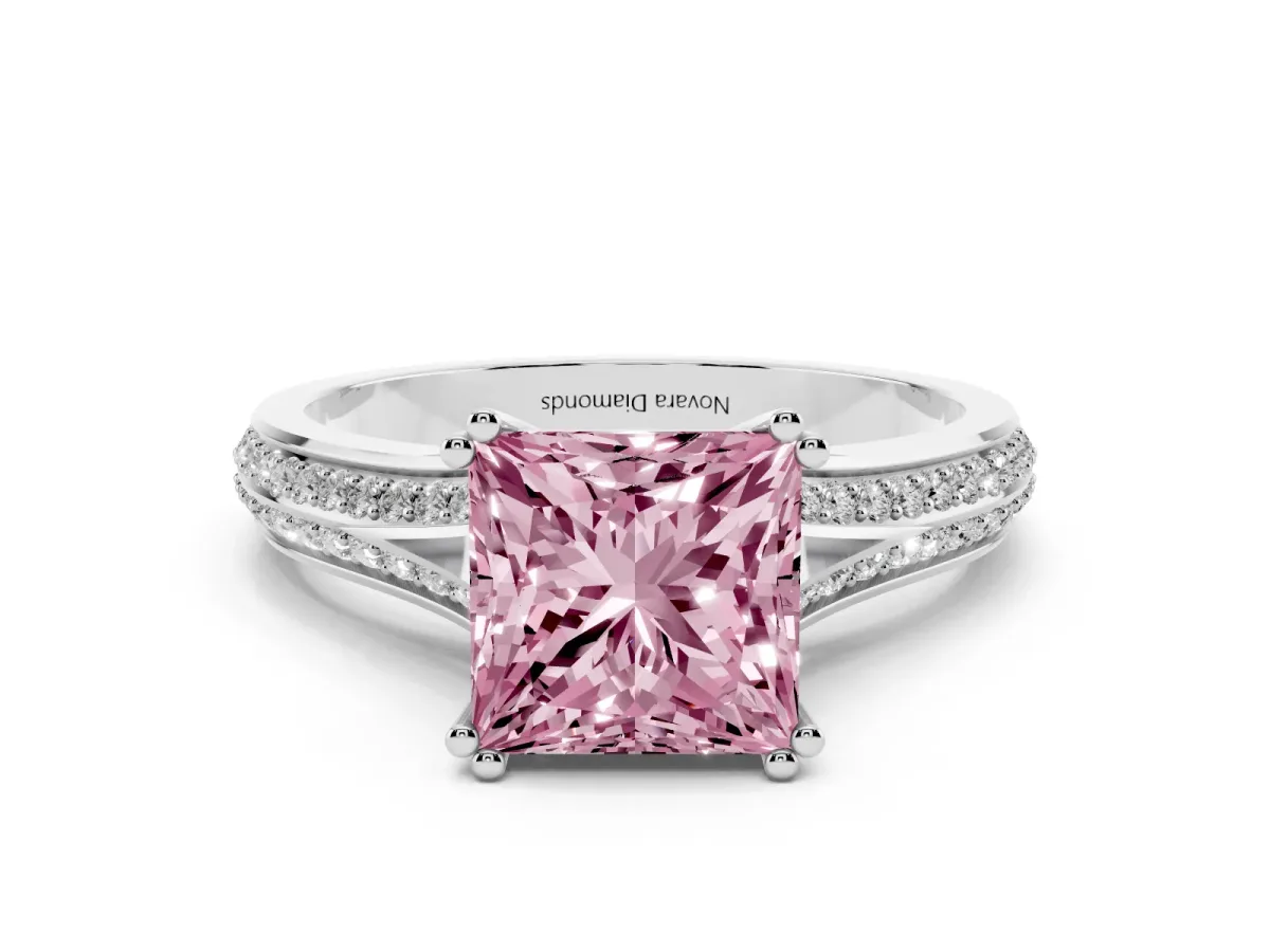 Fancy Pink Princess Cut Diamond Split Shank Pavé Engagement Ring Set in Platinum with Prong-Set Center Stone