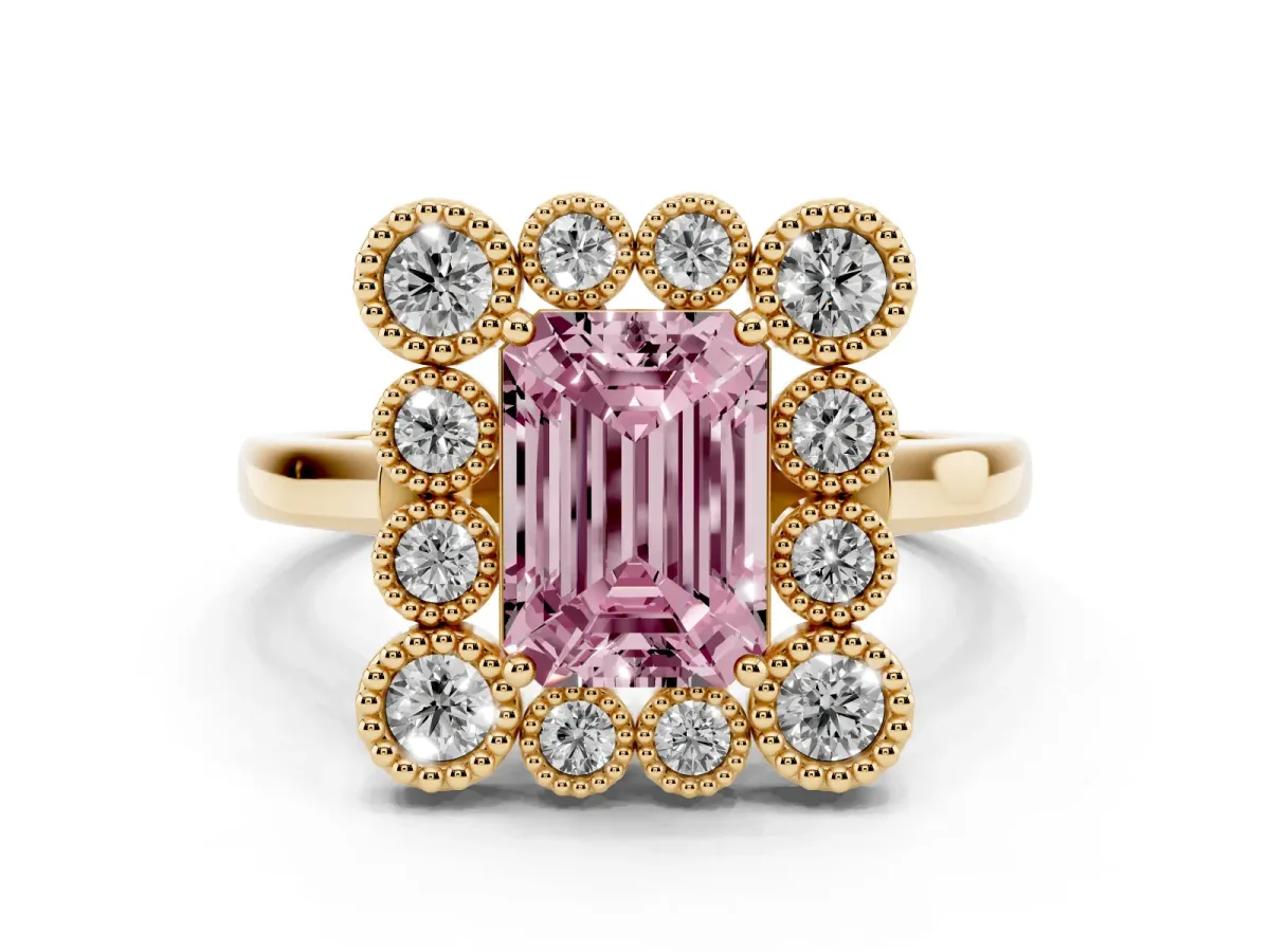 Fancy Pink Emerald Cut Diamond Cluster Halo Ring Set in Yellow gold with Milgrain Bezel Accents and Plain Band