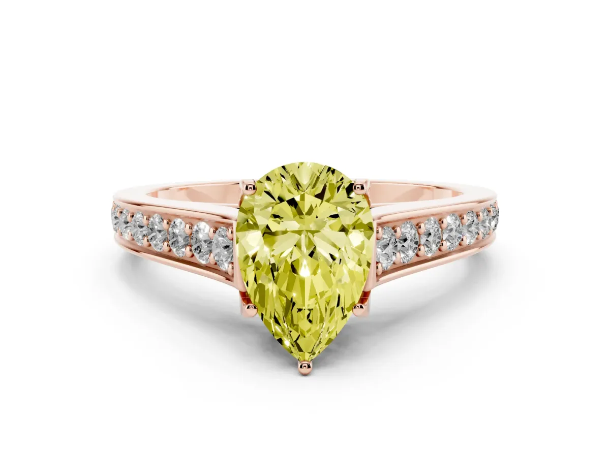 Fancy Yellow Pear Cut Diamond Solitaire Pavé Engagement Ring Set in Rose gold with Prong Setting