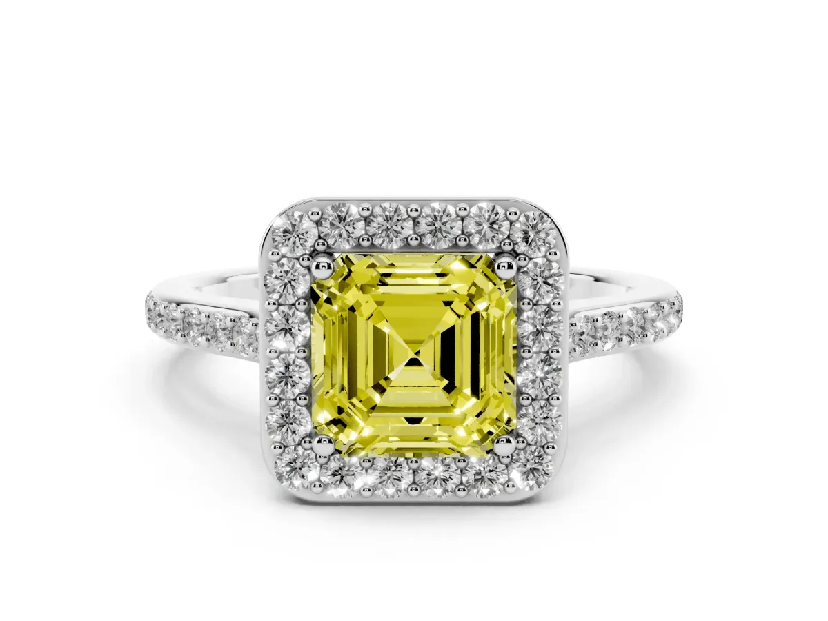 Fancy Yellow Asscher Cut Diamond Halo Engagement Ring Set in Silver with Round Pavé Shoulders and Heart Gallery