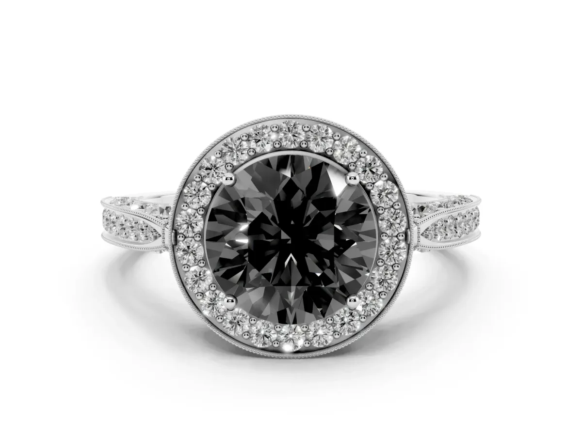 Fancy Black Round Cut Diamond Halo Engagement Ring Set in White gold with Accent Split Shank Band