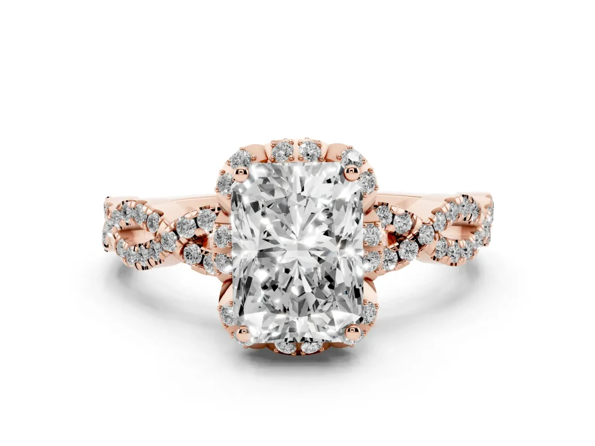 Radiant Cut Diamond Halo Twist Band Solitaire Ring Set in Rose gold with Prong-Set Center Stone
