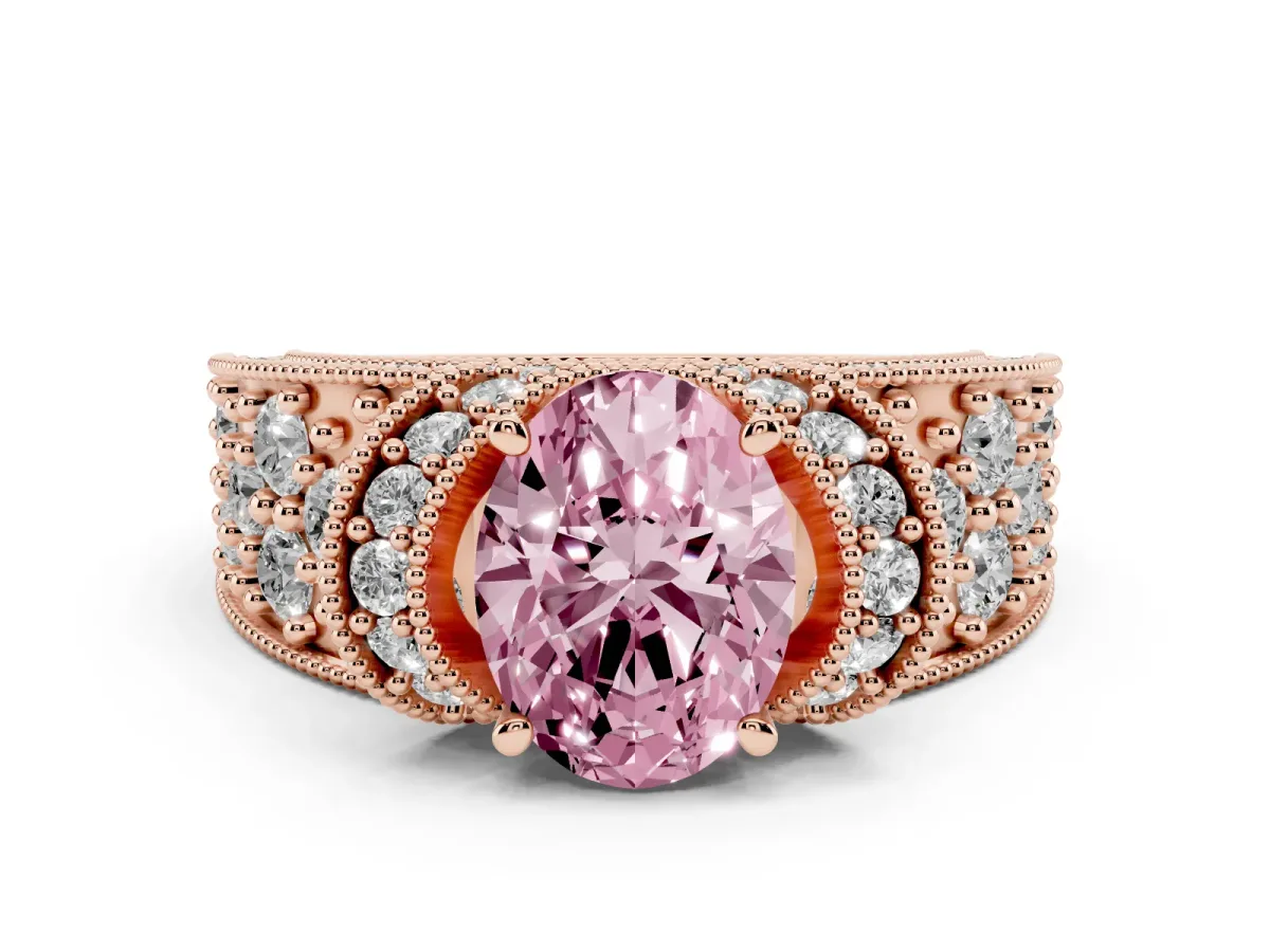 Fancy Pink Oval Cut Diamond Milgrain Halo Pavé Engagement Ring Set in Rose gold with Prong Setting