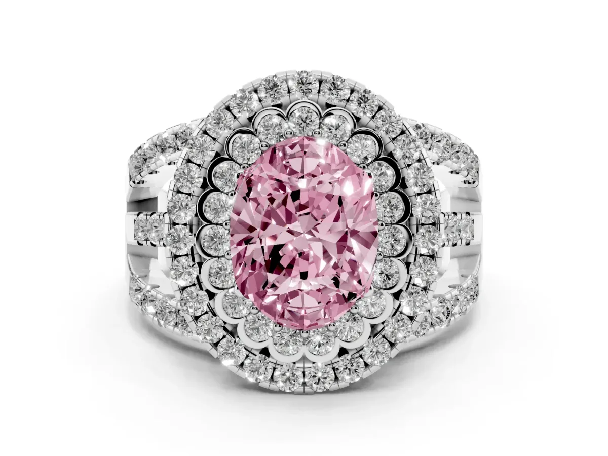 Fancy Pink Oval Cut Diamond Double Halo Ring Set in White gold with Round Pavé Split Shank