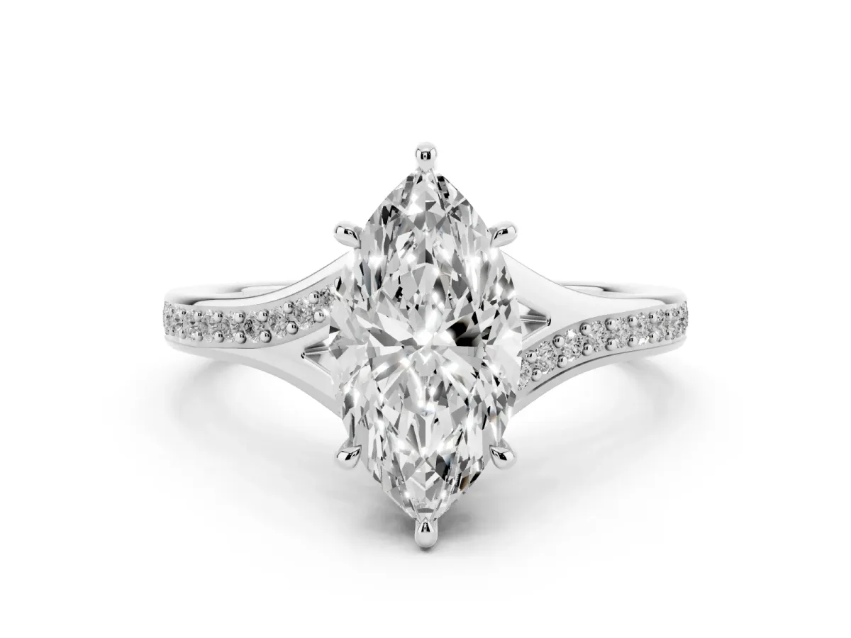 Marquise Cut Diamond Solitaire Ring Set in White gold with Pavé Accent Band and Classic Prong Setting