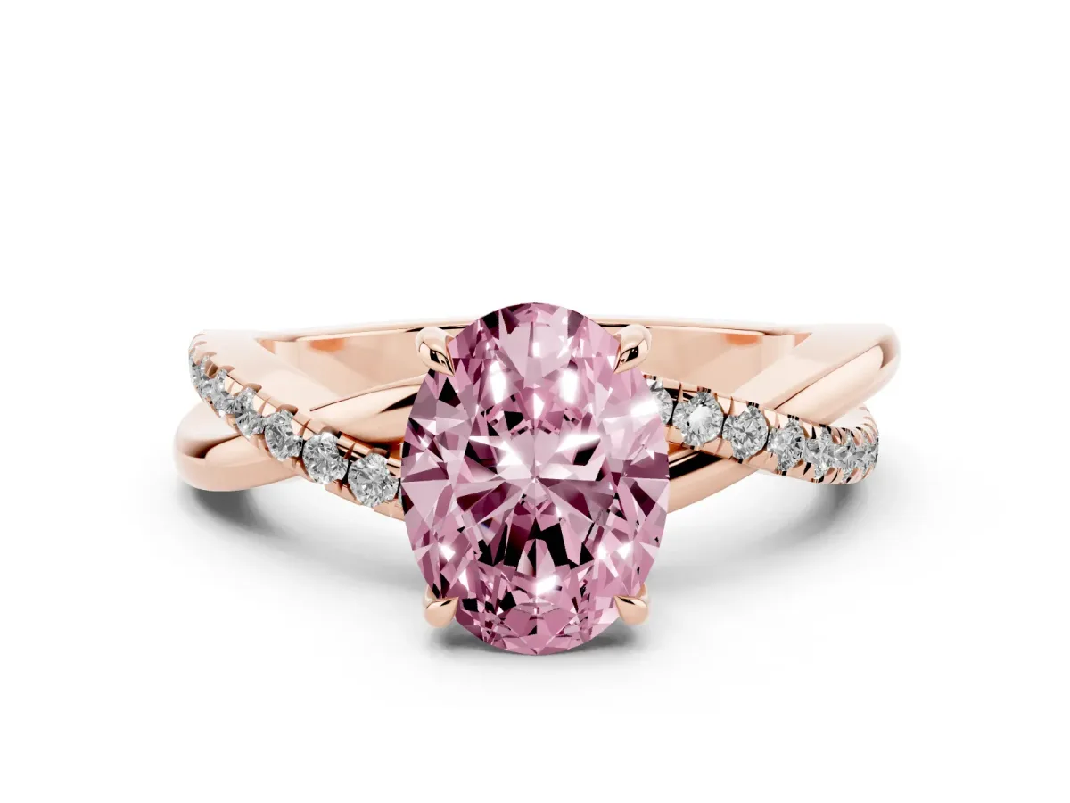 Fancy Pink Oval Cut Diamond Twisted Pavé Band Ring Set in Rose gold with Prong Setting
