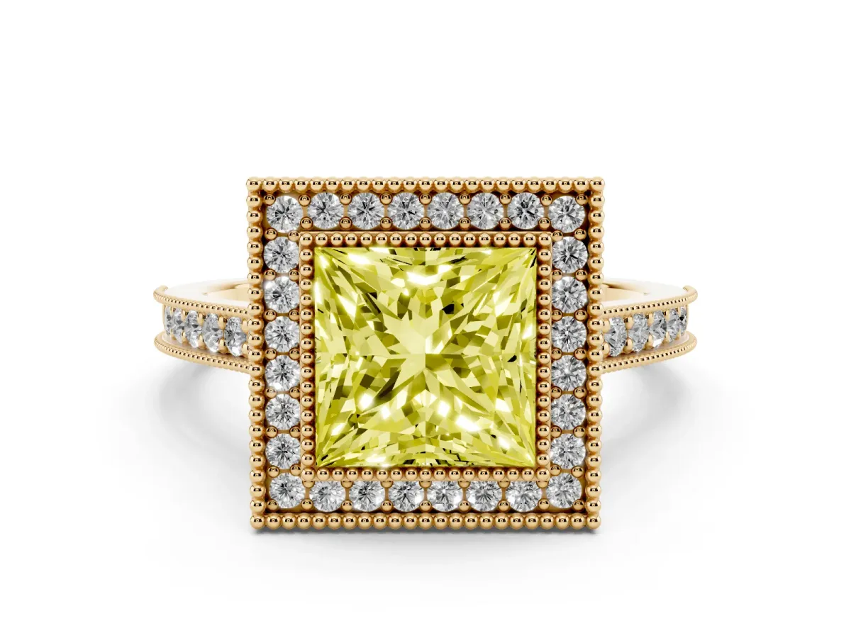 Fancy Yellow Princess Cut Diamond Halo Milgrain Pavé Band Ring Set in Yellow gold with Prong Setting