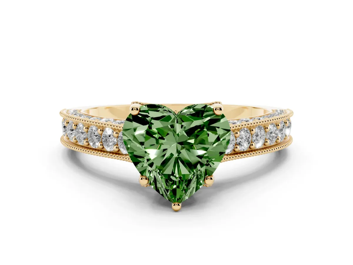 Fancy Green Heart Cut Diamond Solitaire Ring Set in Yellow gold with Milgrain-Edged Pavé Band and Prong Setting