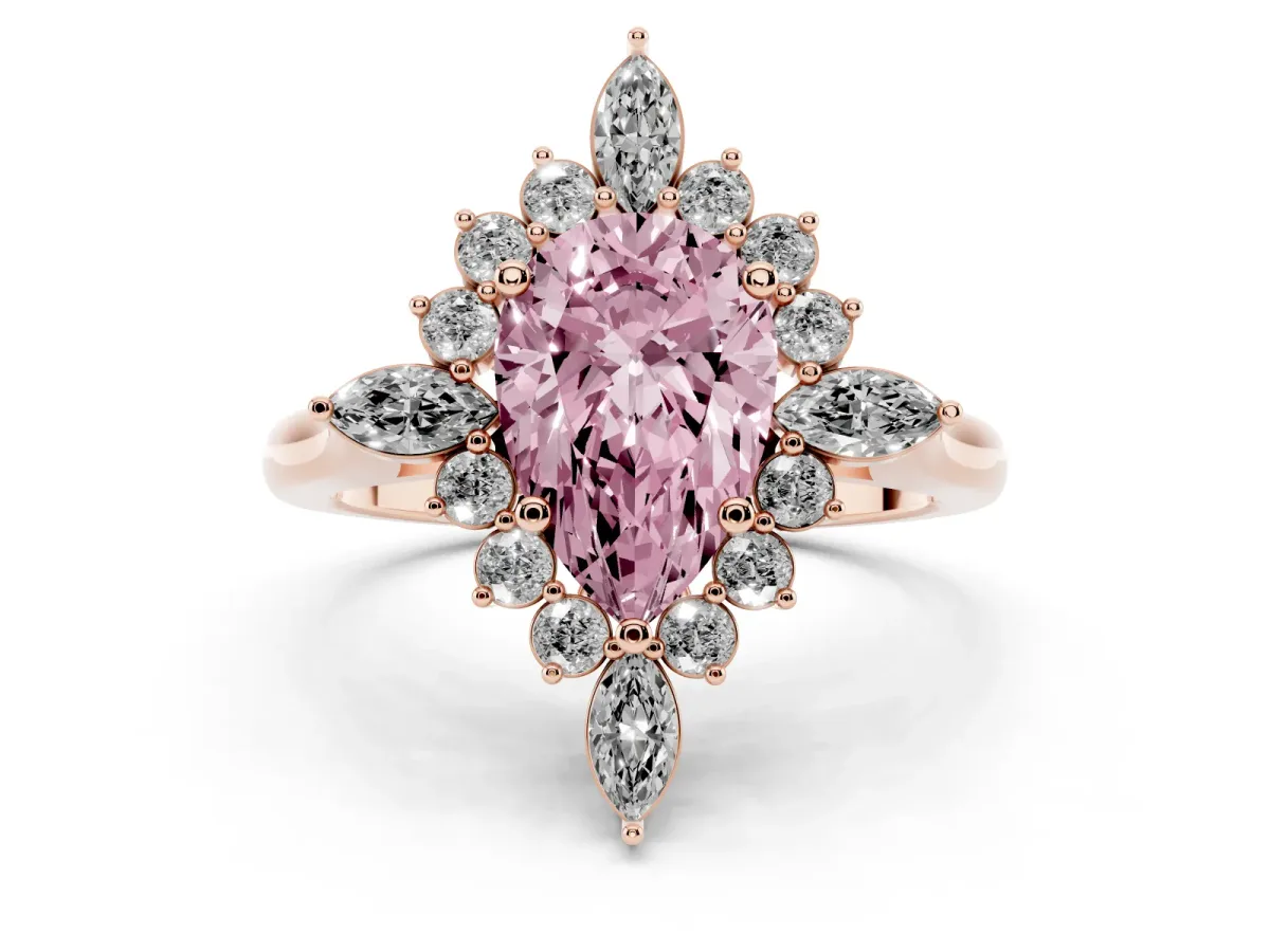 Fancy Pink Pear Cut Diamond Cluster Halo Ring Set in Rose gold with Marquise and Round Accents