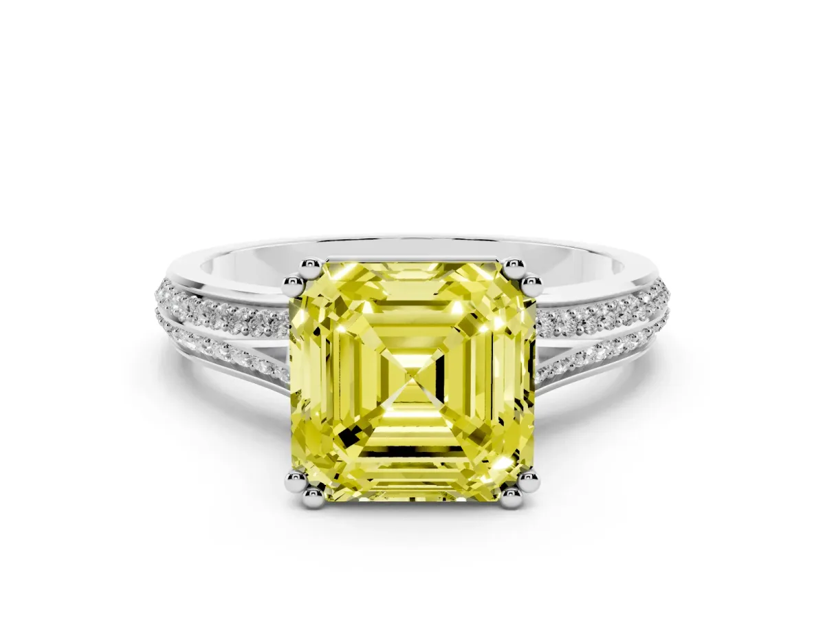 Fancy Yellow Asscher Cut Diamond Split Shank Pavé Engagement Ring Set in White gold with Prong-Set Center Stone