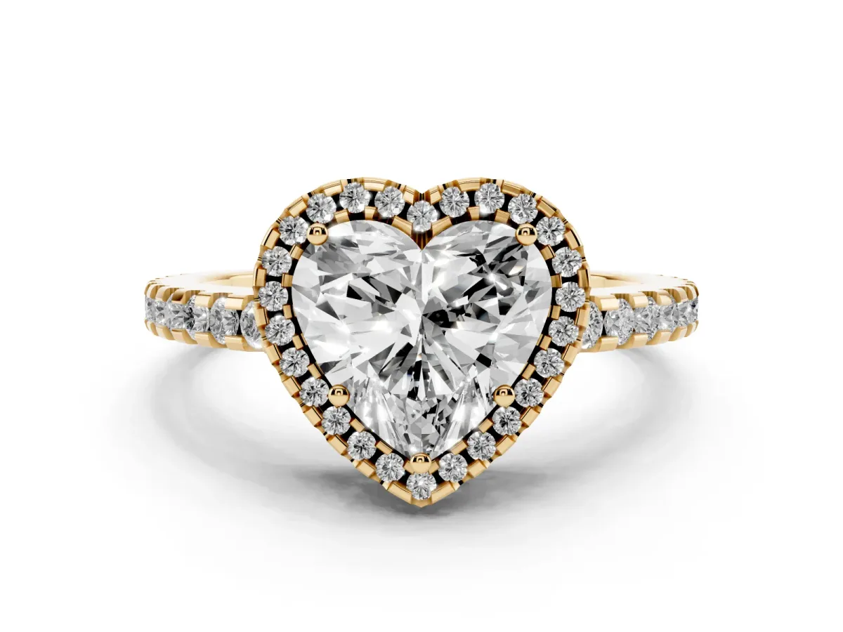Heart Cut Diamond Halo Ring Set in Yellow gold with Pavé Shoulders and Halo-Framed Center