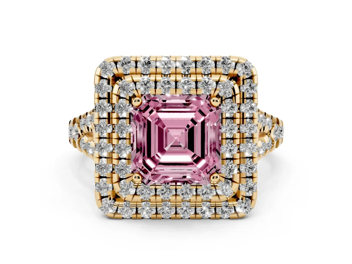 Fancy Pink Asscher Cut Diamond Double Halo Ring Set in Yellow gold with Pavé Split Shank and Prong Setting