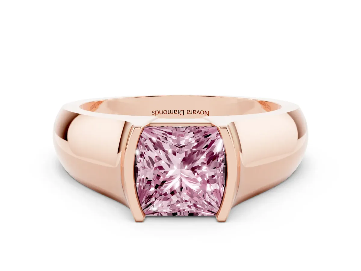 Fancy Pink Princess Cut Diamond Bezel Solitaire Ring Set in Rose gold with Wide Band