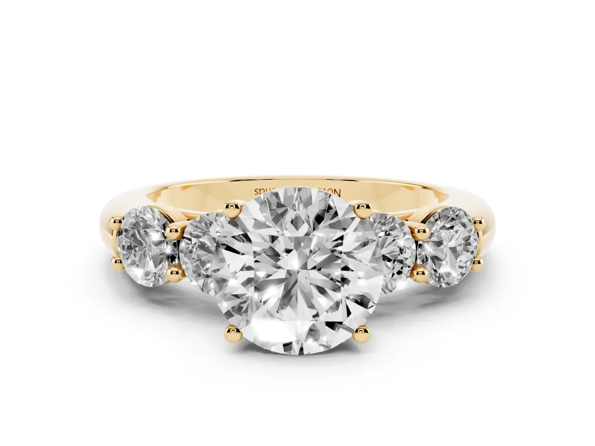Round Cut Diamond Five-Stone Prong Set Ring Set in Yellow gold with Classic Band