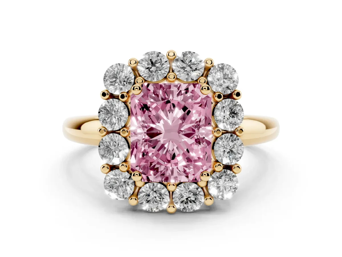 Fancy Pink Radiant Cut Diamond Halo Cluster Engagement Ring Set in Yellow gold with Polished Band and Prong Setting