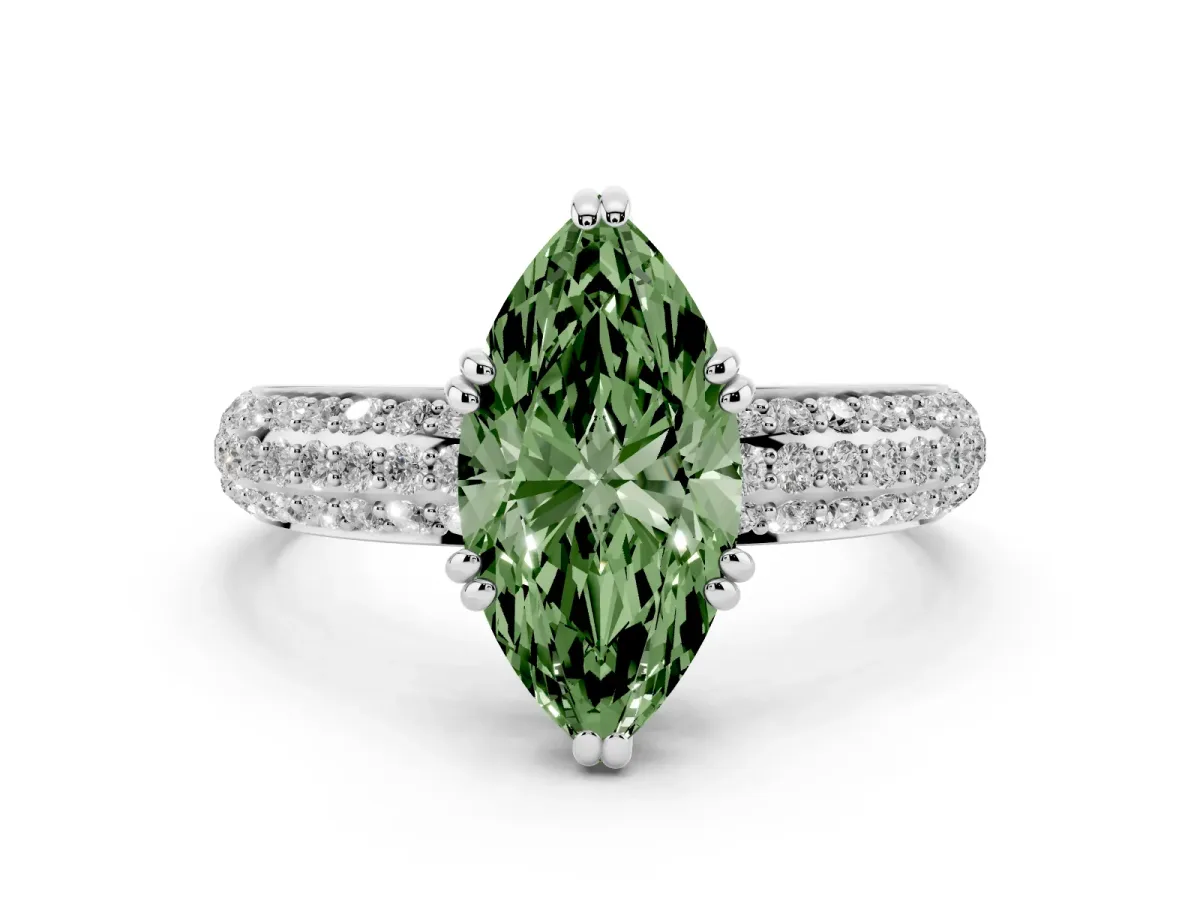 Fancy Green Marquise Cut Diamond Solitaire Ring Set in Silver with Multi-Row Round Pavé Band and Prong Setting
