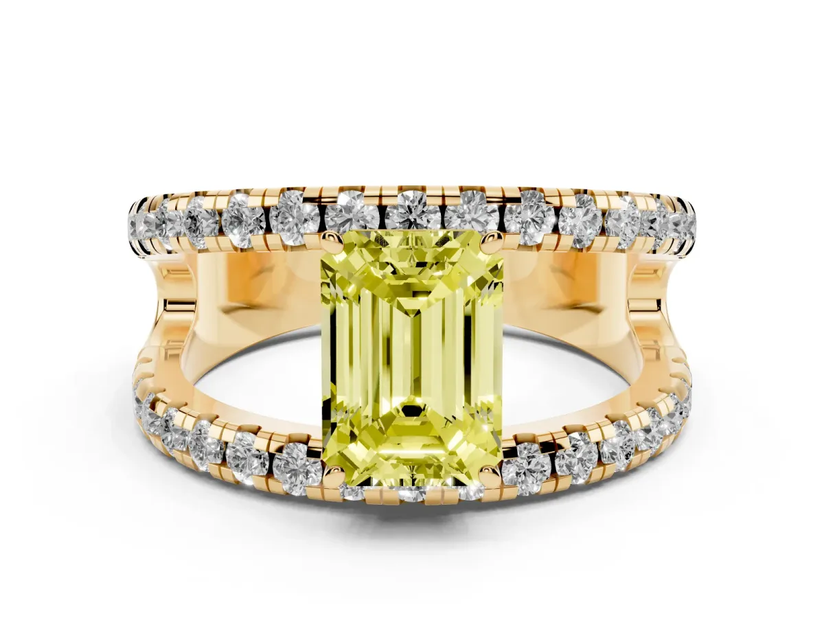 Fancy Yellow Emerald Cut Diamond Split Shank Pavé Solitaire Ring Set in Yellow gold with Open Shank Design
