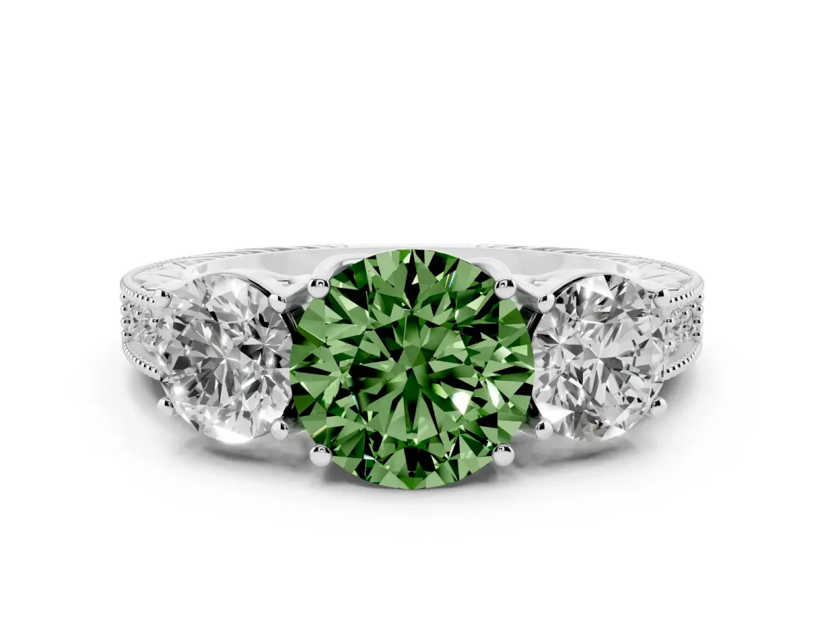 Fancy Green Round Cut Diamond Three-Stone Engagement Ring Set in Silver with Milgrain Pavé Band