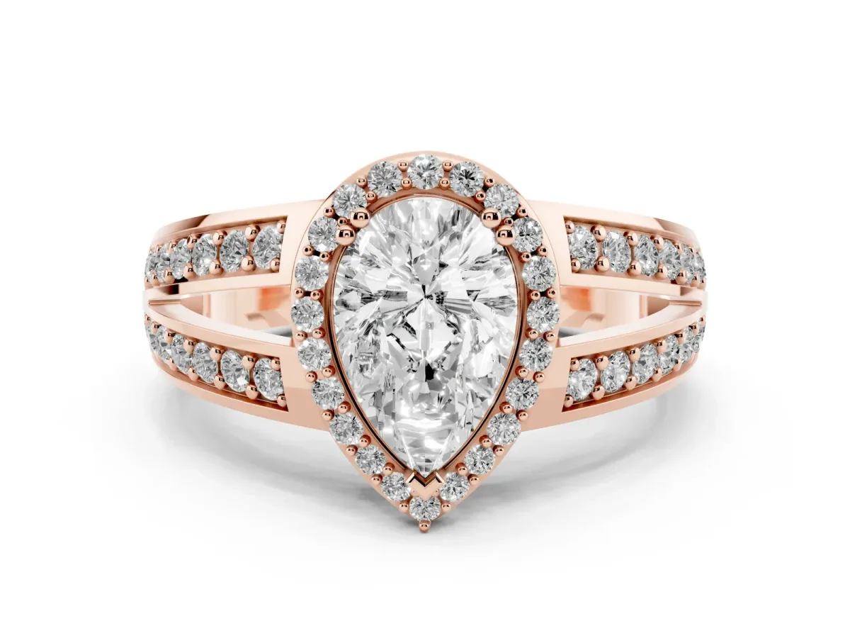Pear Cut Diamond Halo Ring Set in Rose gold with Double Pavé Split Shank