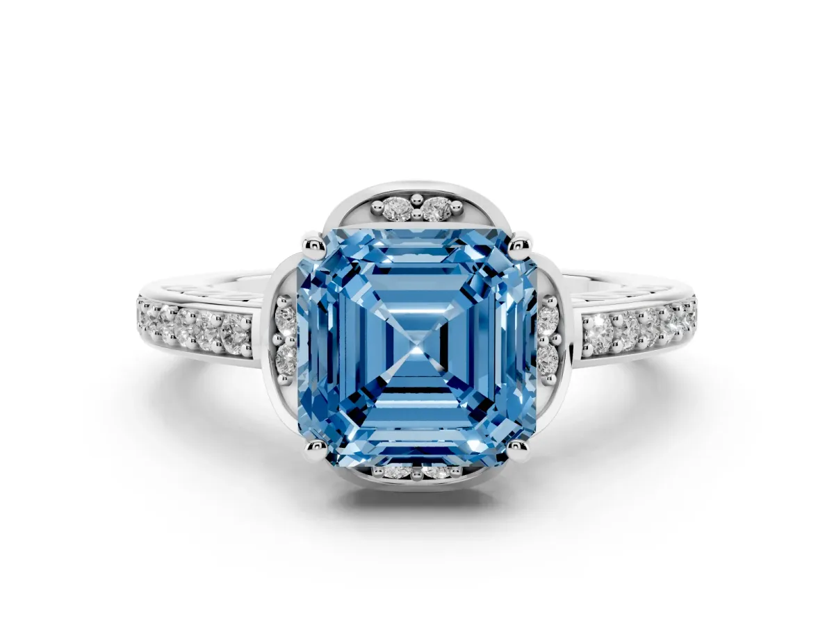 Fancy Blue Asscher Cut Diamond Halo Ring Set in White gold with Channel Set Band and Prong Setting