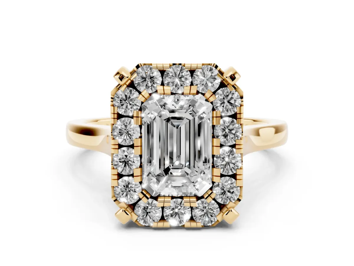 Emerald Cut Diamond Cluster Halo Solitaire Ring Set in Yellow gold with Prong Setting