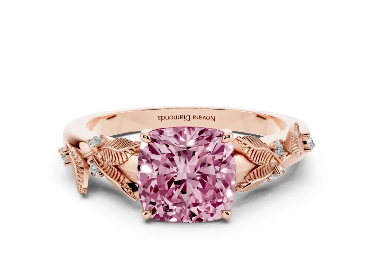 Fancy Pink Cushion Cut Diamond Solitaire Ring Set in Rose gold with Leaf Motif Band