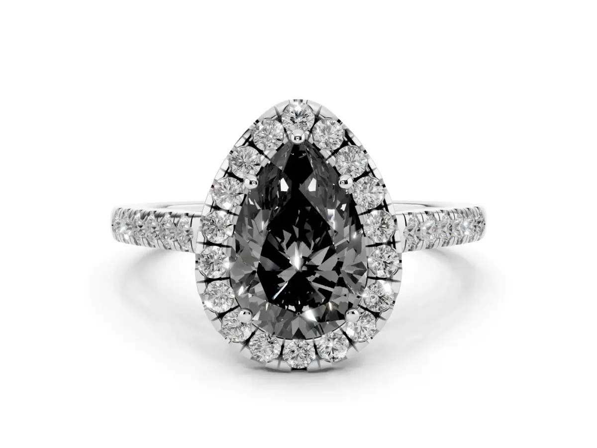 Fancy Black Pear Cut Diamond Halo Pavé Engagement Ring Set in Platinum with Prong Setting