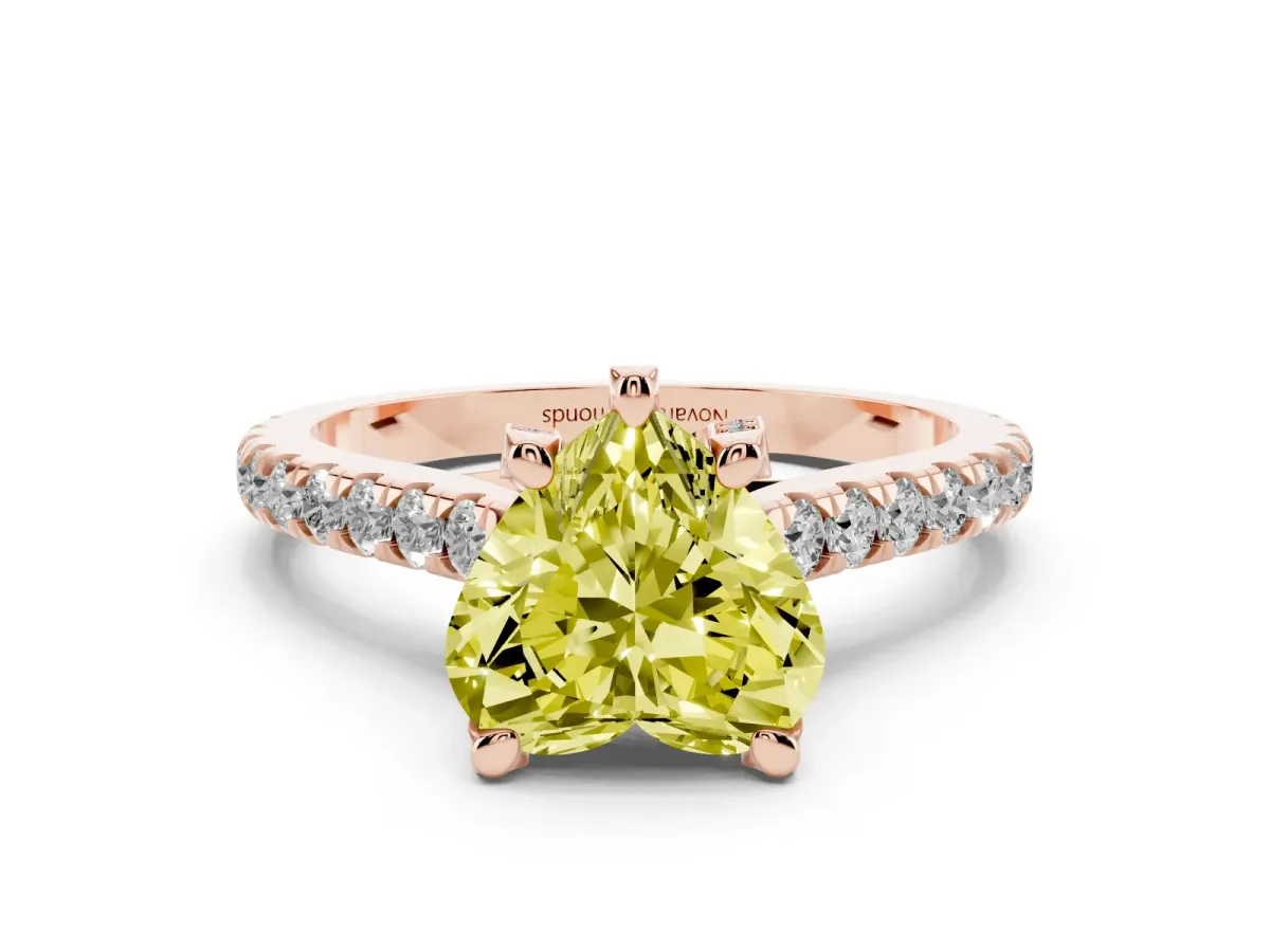 Fancy Yellow Heart Cut Diamond Solitaire Ring Set in Rose gold with Brilliant Pavé Band and Prong Setting