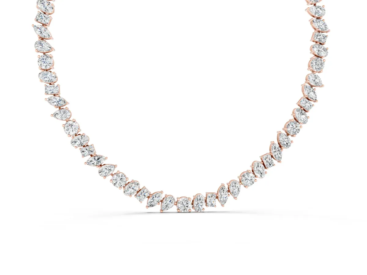 Mixed Shape Diamond Tennis Necklace Set in Rose gold with Round, Oval and Pear Stones