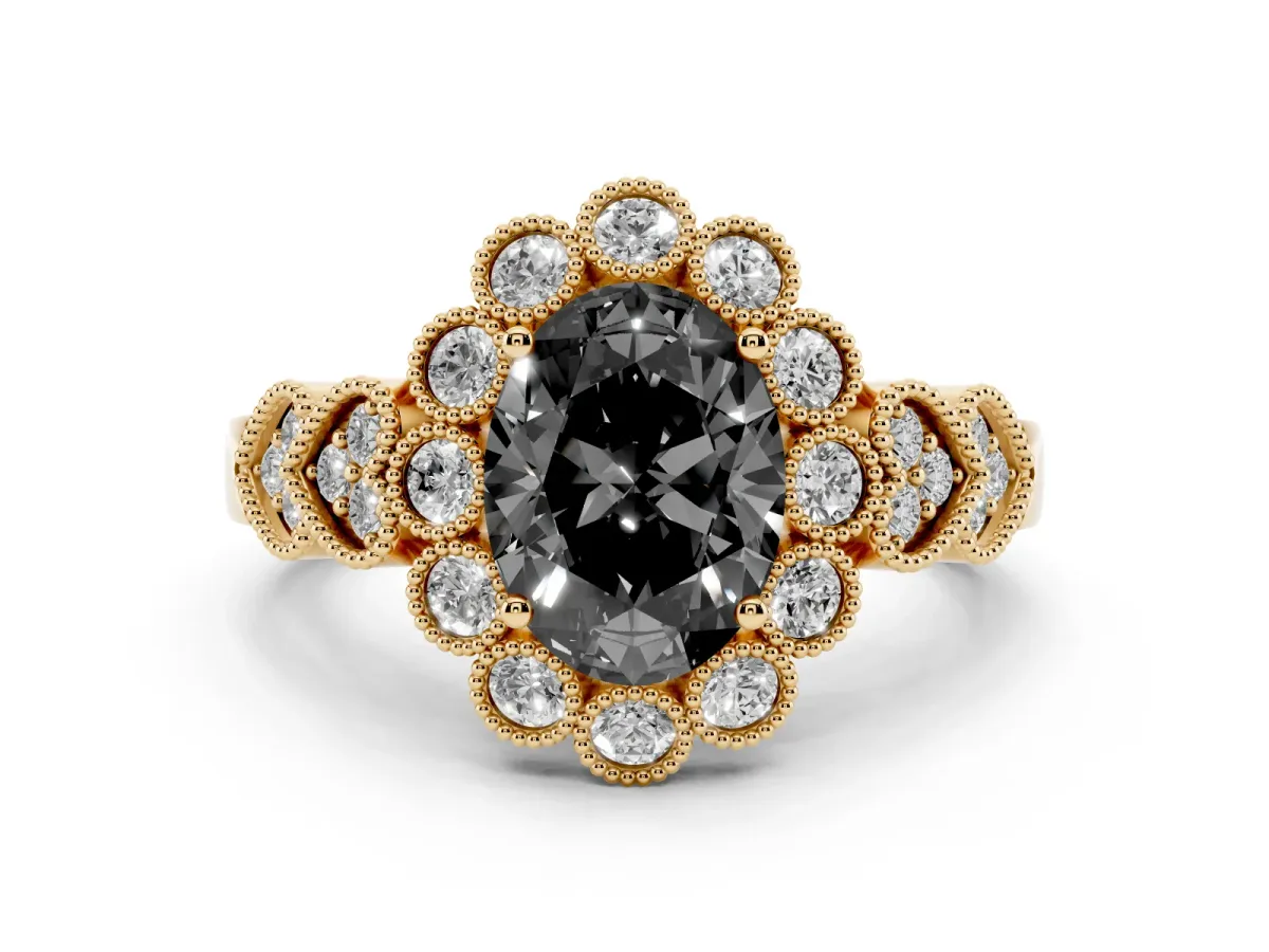 Fancy Black Oval Cut Diamond Solitaire Ring Set in Yellow gold with Milgrain Pavé Heart Band
