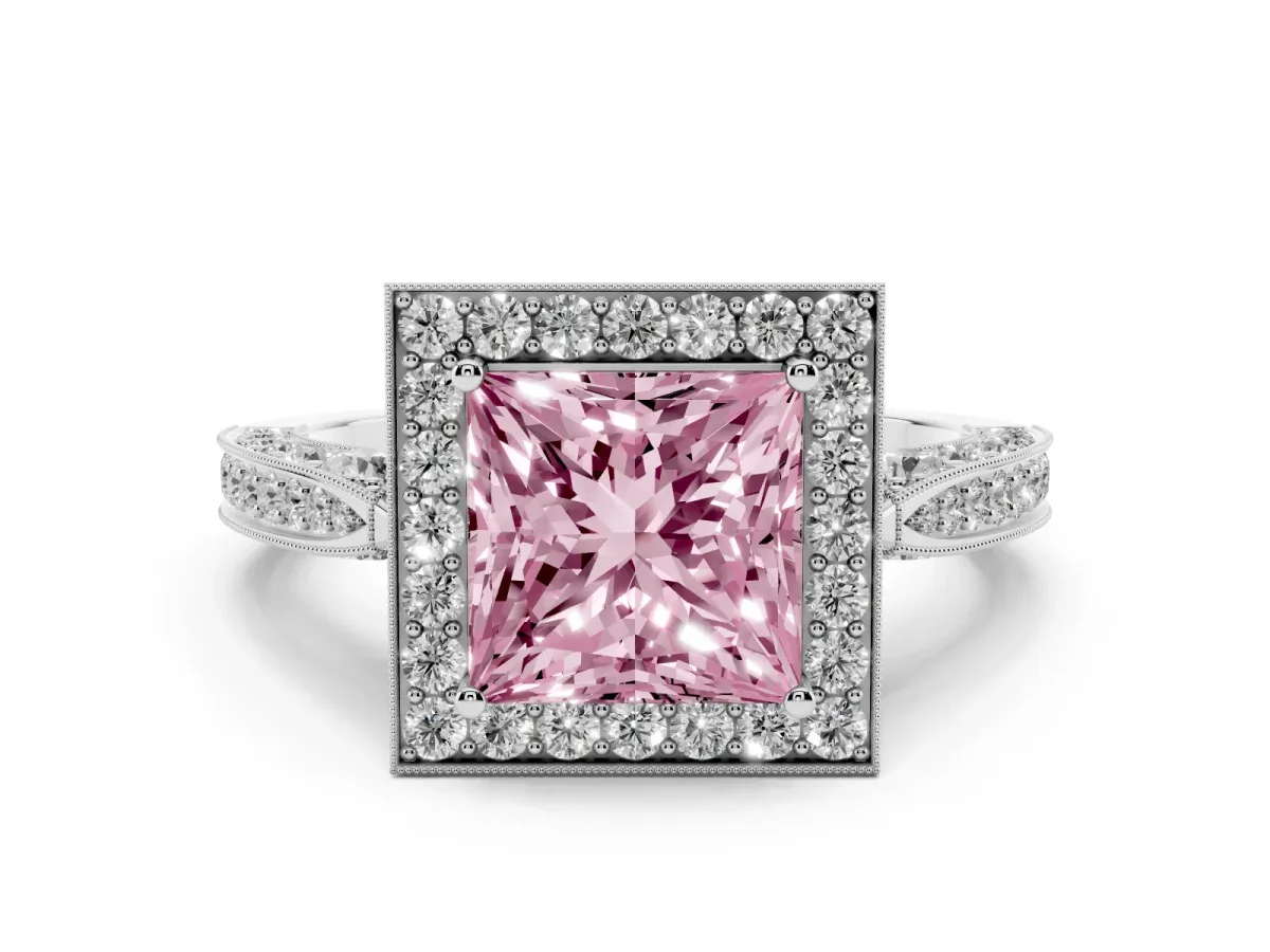 Fancy Pink Princess Cut Diamond Halo Engagement Ring Set in White gold with Accent Split Shank Band