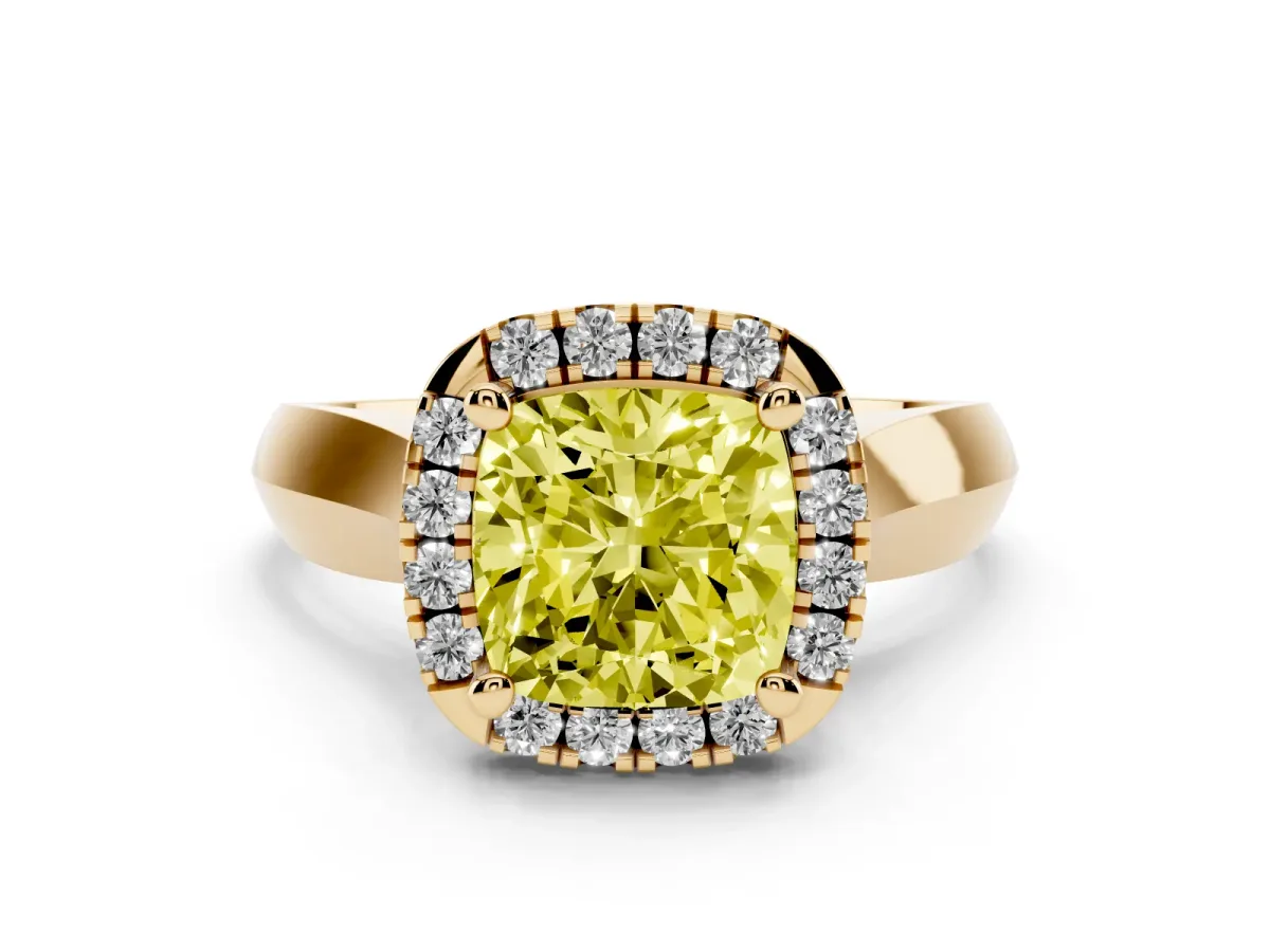 Fancy Yellow Cushion Cut Diamond Halo Solitaire Engagement Ring Set in Yellow gold with Square Band and Prong Setting