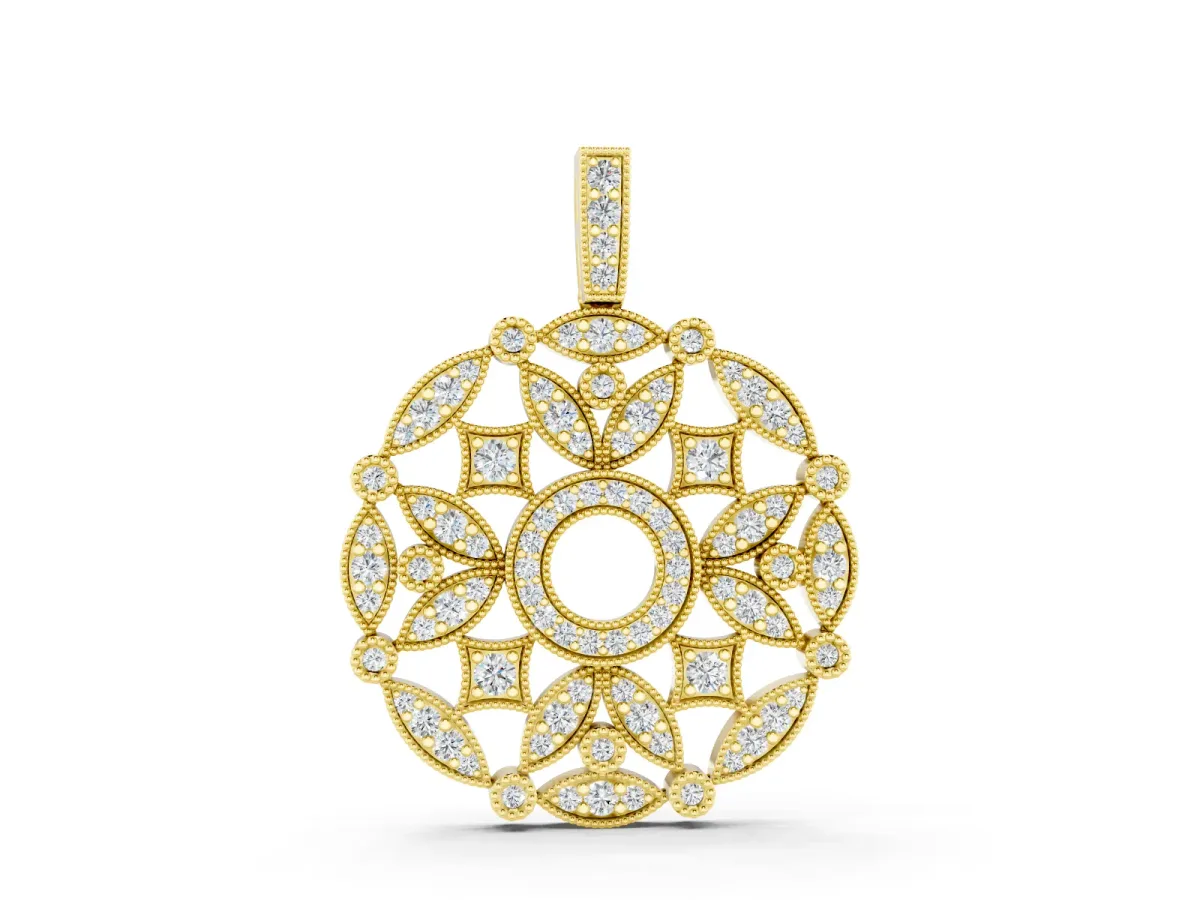 Round Diamond Filigree Pendant Set in Yellow gold with Pavé Setting