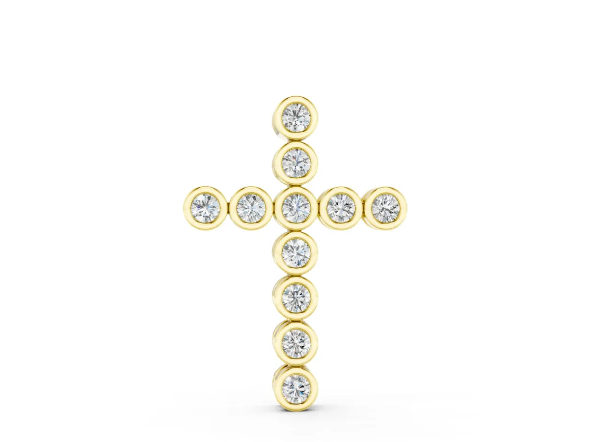 Bezel-Set Round Diamond Cross Pendant Set in Yellow gold with Smooth Stone Frames