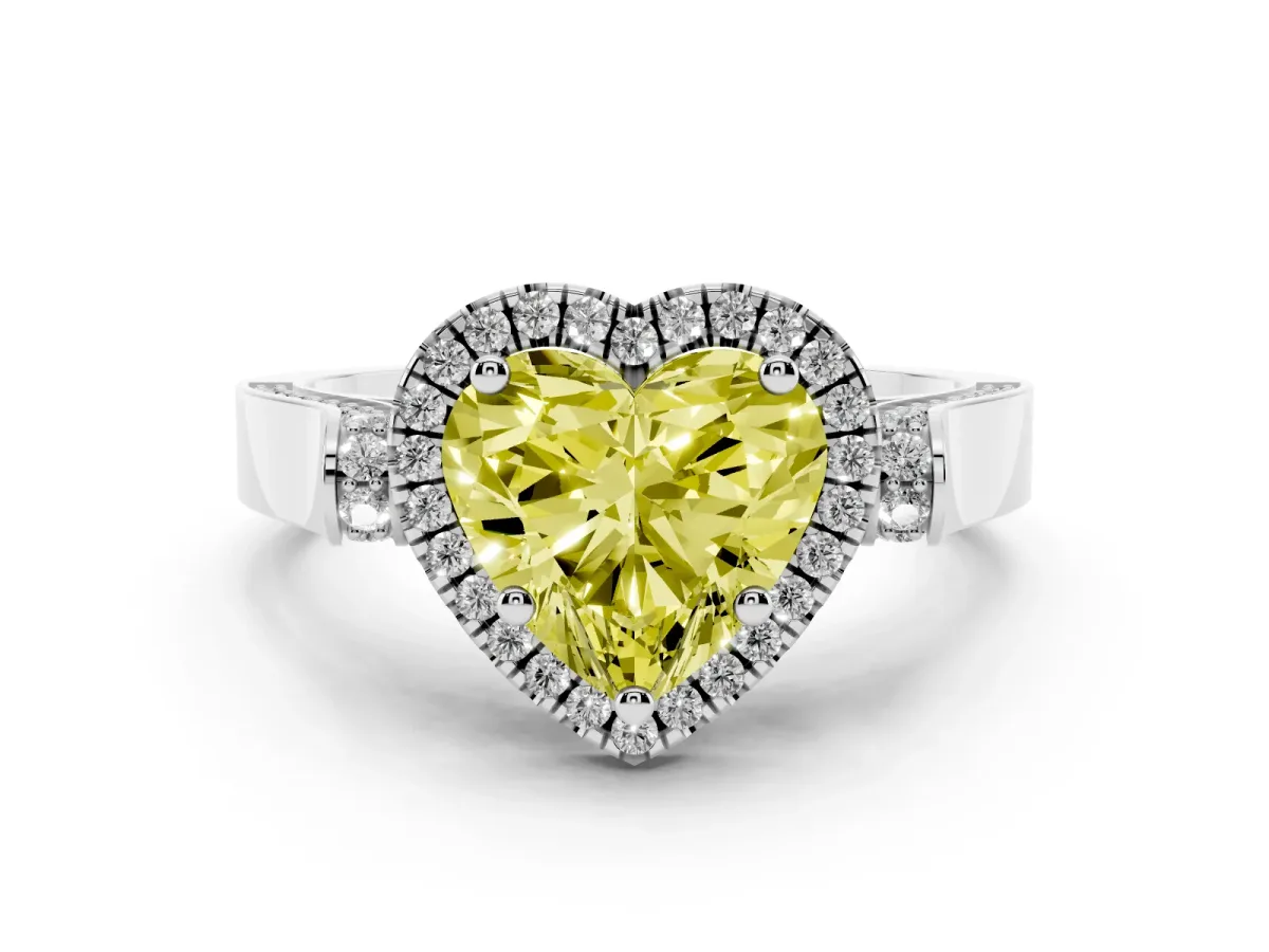 Fancy Yellow Heart Cut Diamond Halo Ring Set in Platinum with Twist Band and Pavé Accents