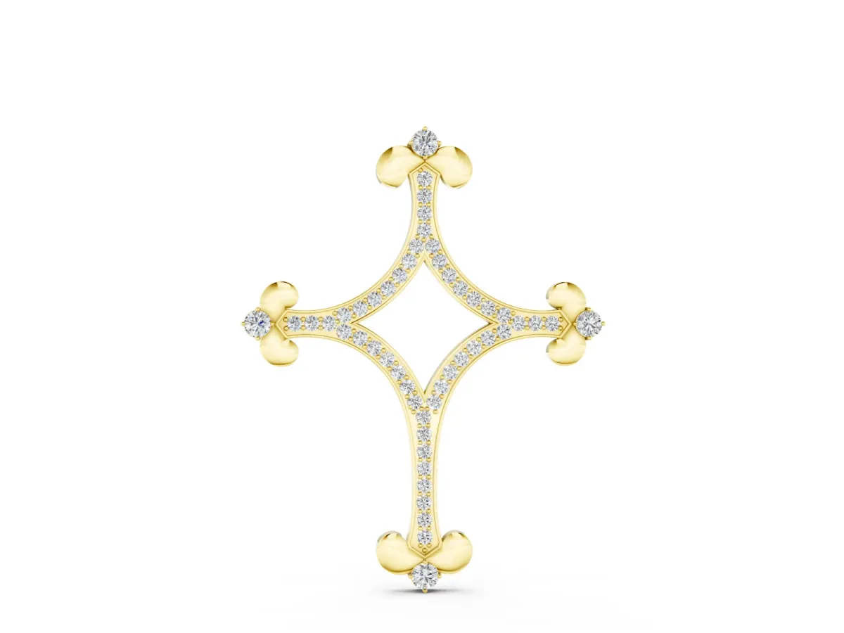 Pavé Diamond Cushion Cross Pendant Set in Yellow gold with Fleur-de-Lis Prongs