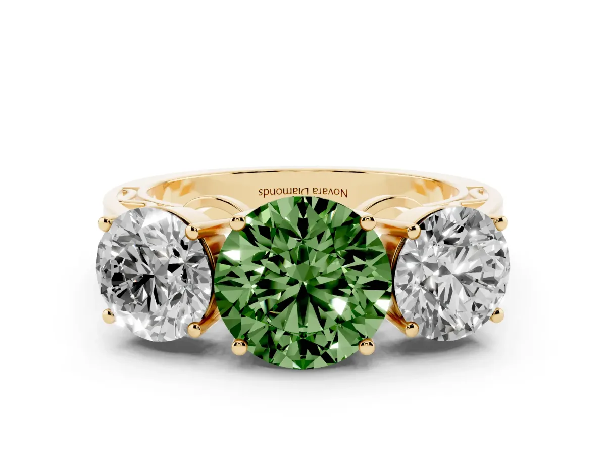 Fancy Green Round Cut Diamond Three-Stone Ring Set in Yellow gold with Textured Band